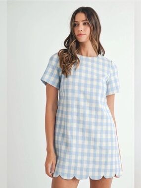NWT Mable Light Blue and White Gingham Scallop-Hem Mini Dress